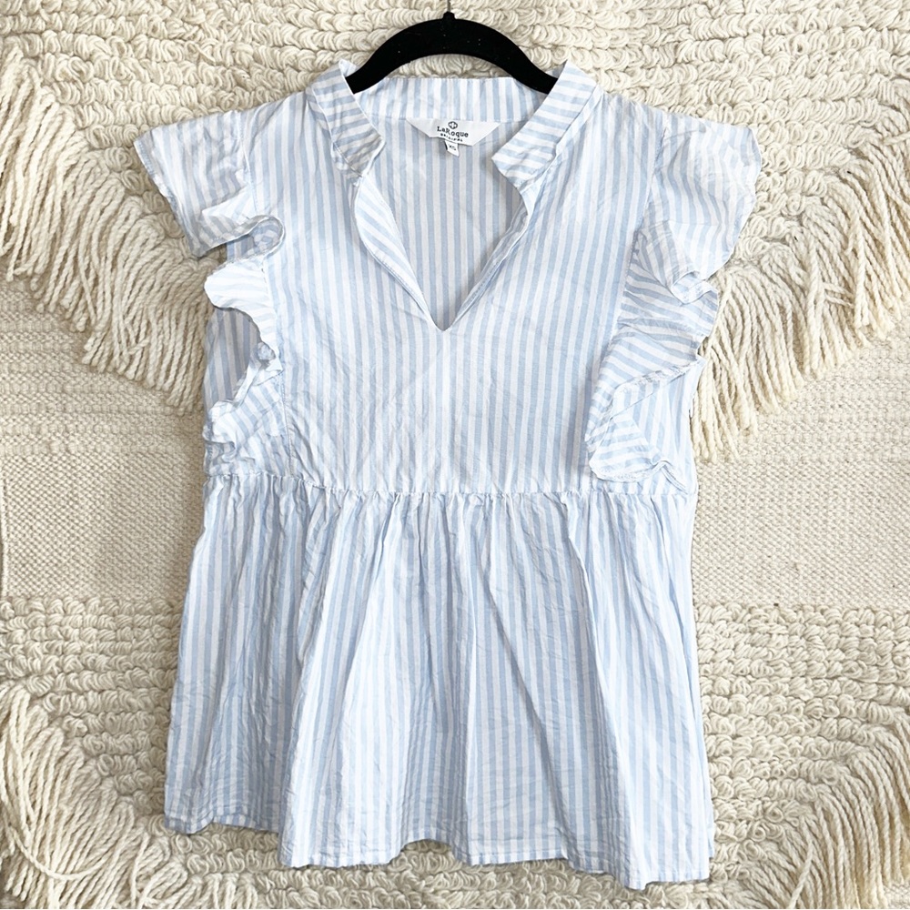 LAROQUE light blue and white striped ruffled sleeveless peplum top XS